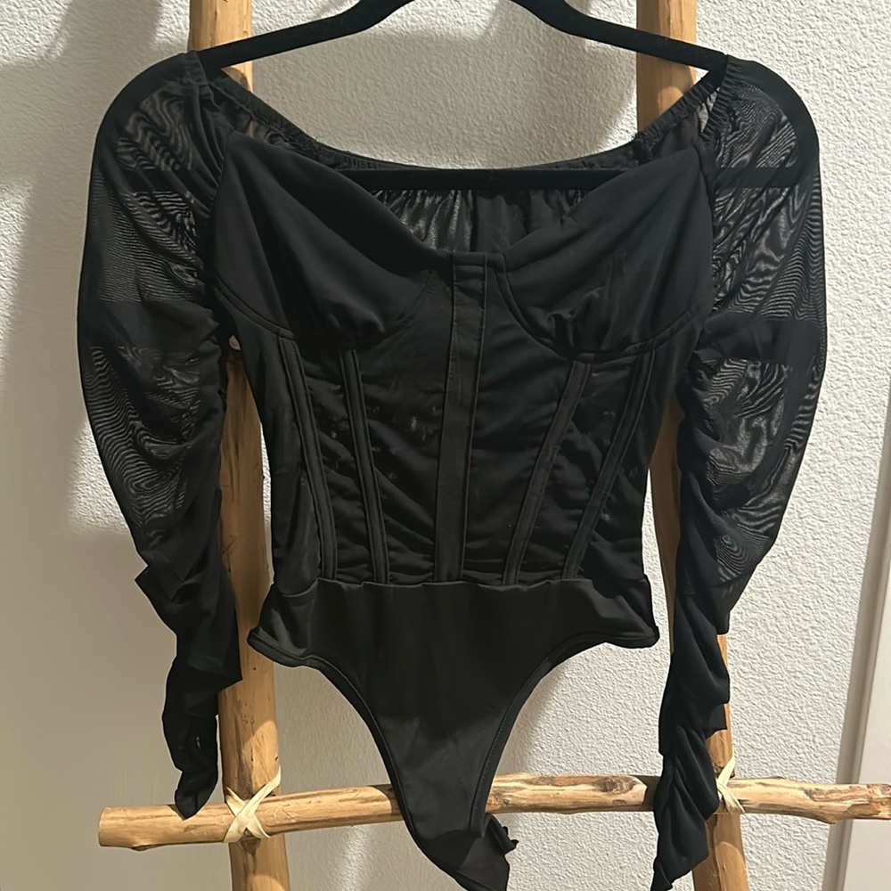 Black sheer long sleeve bodysuit